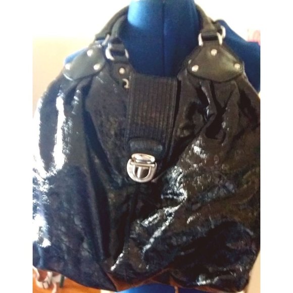 vintage Y2K ESPRIT black round hobo bucket 'lacquered' bag tote purse - Picture 2 of 12